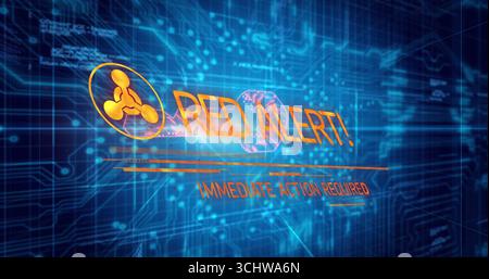 Displaying network icon with RED ALERT subheading IMMEDIATE ACTION REQUIRED over blue circuit board Stock Photo