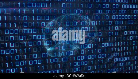 Floating wireframe brain hologram pulsing in console UI, showing binary digits and circuitry lines Stock Photo