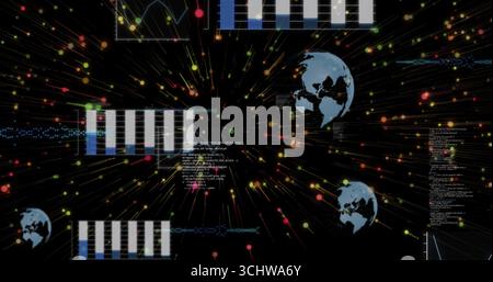 Displaying data network radiating light on black canvas, with bar charts, globes, code lines, nodes Stock Photo