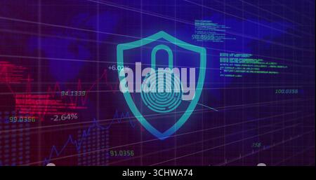 Displaying shield icon glowing in cyber grid interface, with padlock fingerprint and data overlays Stock Photo