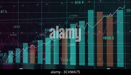 Showing chart on screen overlaying white line magenta graph with teal orange bars currency labels Stock Photo