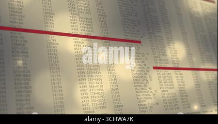 Displaying glass display panel showing codes and errors in control room, with red highlight bar Stock Photo