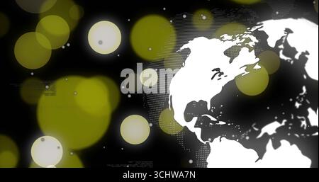 Displaying stylized dotted world map on dark background, with yellow-green bokeh lights, copy space Stock Photo