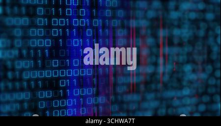 Streaming grid of glowing binary digits and colored streaks at computer screen, with code interface Stock Photo