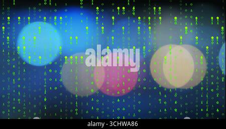 Cascading columns of green binary digits streaming over blurred bokeh circles, digital data theme Stock Photo