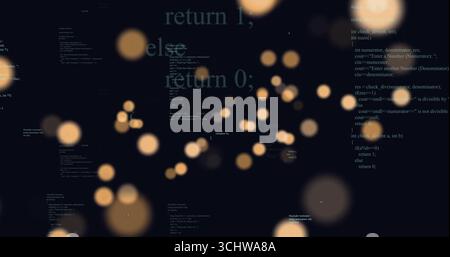 Shimmering golden bokeh light cluster swirling in dark interface, with floating code snippets Stock Photo