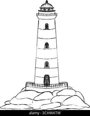 Lighthouse on an island hand drawn icon in doodle style. Vector ...