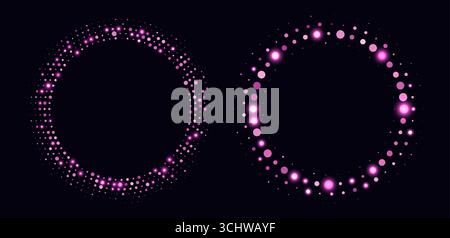 Pink halftone frames, glowing circle borders, round pattern with dots, radial disco luxury design element. Stock Vector
