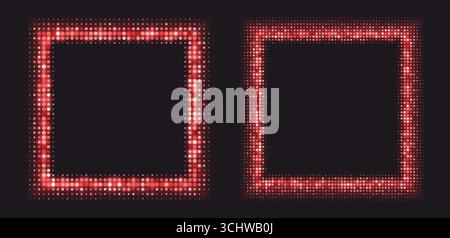 Red halftone frames, glowing square borders, pattern with dots, radial disco luxury design element. Stock Vector