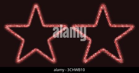 Red halftone star frame, glowing border, star pattern with dots, disco luxury design element. Stock Vector