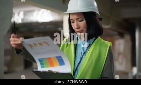 Nervous Asian Korean Japanese woman builder checking documents problem mistake building plan project businesswoman Chinese contractor business female Stock Photo