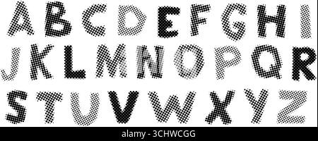Black halftone alphabet. Retro pixelated font design. Grunge textured dotted abc. Comic pop art style letters. Rasterized bitmap English alphabet. Old newspapers typography set. Vector Stock Vector