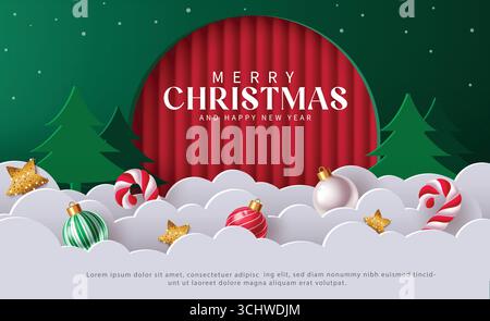 Holiday greeting clipart with ornaments, stars, and Christmas trees Stock Vector