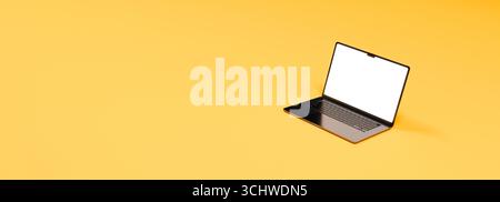 Realistic Apple MacBook Air Space Gray 15". Isolated aluminium laptop over yellow background and blank screen for place your design, ready for mockup. Stock Photo