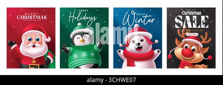 Christmas Poster Set with Santa, Penguin, Polar Bear, and Reindeer for Holiday Greetings and Sales Stock Vector