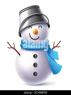 Snowman in bucket hat and blue scarf clipart character perfect for Christmas, holiday and New Year greetings vector illustration. Stock Vector