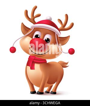 Playful reindeer in red hat and scarf clipart character perfect for Christmas, holiday and New Year greetings vector illustration. Stock Vector