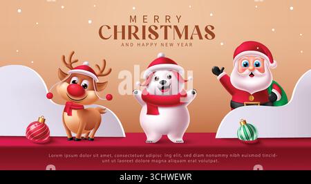Cute Santa Claus, reindeer, and polar bear in festive outfits with ornaments Christmas illustration Stock Vector