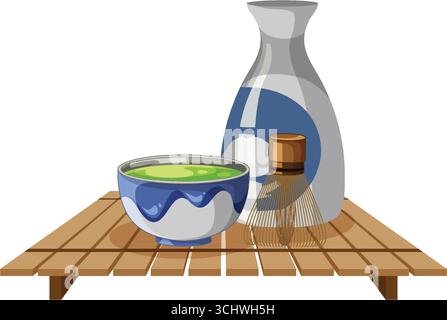 Vector illustration of matcha bowl, whisk, and carafe on wooden tray, clean flat style Stock Vector