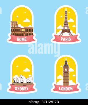 Bold vector illustration of iconic world landmarks, perfect for travel, education, and creative design. Stock Vector