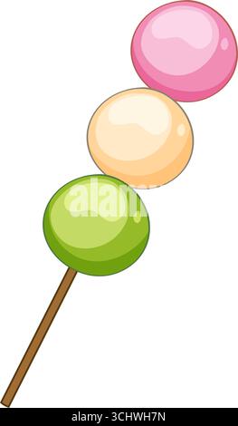 Three pastel mochi balls on wooden skewer, flat vector style, clean lines, bright colors Stock Vector