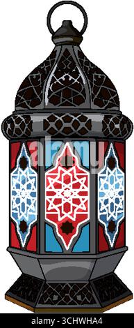 Vector illustration of ornate lantern with colorful geometric glass, intricate metalwork, and bold outlines Stock Vector