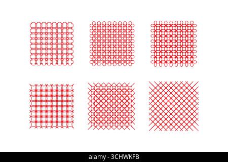 Repeating geometric patterns in vibrant red on a plain white background. Stock Vector