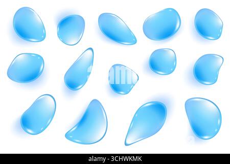 Blue water drops. 3d liquid transparent splashes of gel on white background. Realistic clear texture shapes on surface. Top view of aqua collagen and Stock Vector