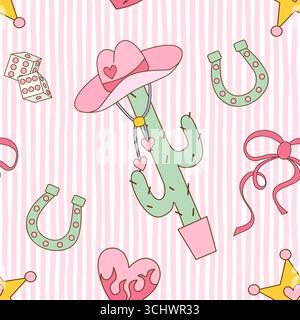 Cowgirl seamless pattern. Cowboy western theme, cactus, cowboy hat, flame heart, Dice and Sheriff star in girly style. Hand-drawn cartoon print on a stripy pink background. Vector illustration. Stock Vector