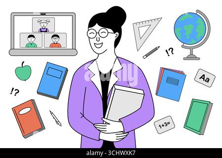 Minimalist linear illustration of a female teacher holding a book, surrounded by school elements. Stock Vector
