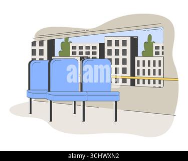 Empty blue seats by window on city bus doodle cartoon illustration Stock Vector