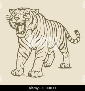 A powerful tiger strides forward with open mouth visible claws and bold stripes rendered in sketchy lines. Stock Vector