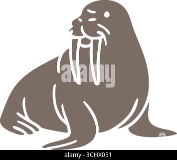 A smooth graphic of a resting walrus shows large forward tusks whiskers and flippers in a simple solid style. Stock Vector