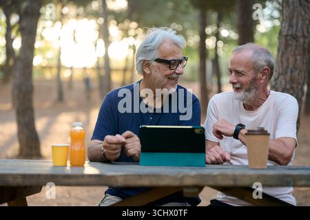 Two senior men using tablet and talking in park Stock Photo