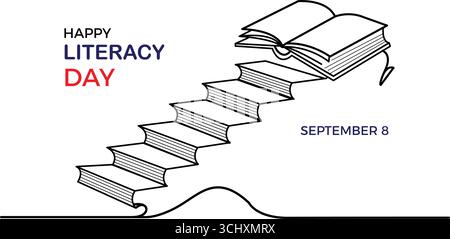 Literacy Day Vector Illustration – Book Staircase Concept for Education and Learning Stock Vector