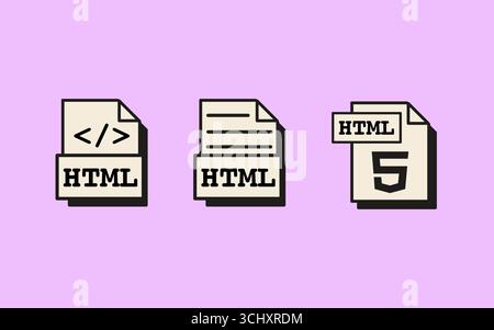 Set of retro style HTML file icons with web coding formats and UI elements in minimal design aesthetic. Flat style vector Illustration isolated on Stock Vector