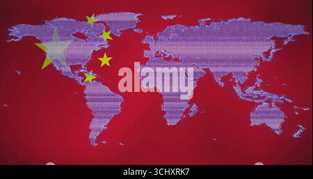 Displaying pixelated pale purple world map spanning red display, with scattered yellow star symbols Stock Photo