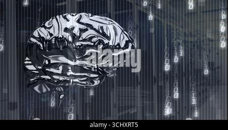 Floating metallic brain pulsing amid falling binary code streams in dimly lit server room Stock Photo