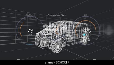 Displaying wireframe compact SUV model rotating in virtual 3D grid space, with digital UI gauges Stock Photo