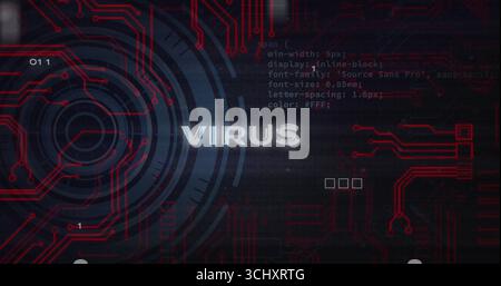 Displaying glowing 'VIRUS' warning text on security dashboard, with red circuit traces and code Stock Photo