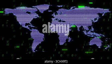 Pixelated purple world map displaying in virtual space, with green binary code and glitch bars Stock Photo