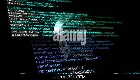 Floating programming code lines surrounding glowing wireframe globe in virtual digital interface Stock Photo