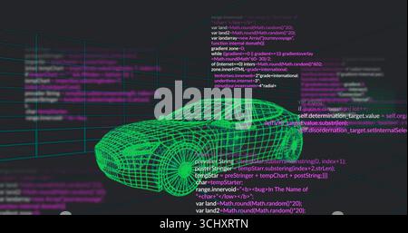 Floating neon green wireframe car hovering in virtual 3D workspace, with grid lines and code text Stock Photo