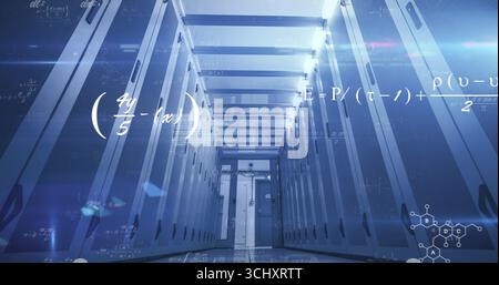 Showing aisle in datacenter featuring racks under LED, with reflective floor and floating formulas Stock Photo
