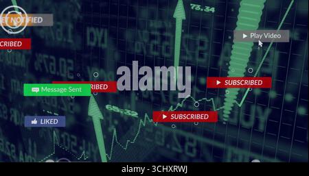 Displaying central green arrow line graph climbing in digital dashboard, with interaction badges Stock Photo