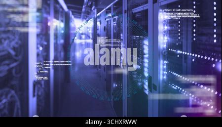 Glowing server racks lining data center hall, with switches, Ethernet cables and code, data overlay Stock Photo