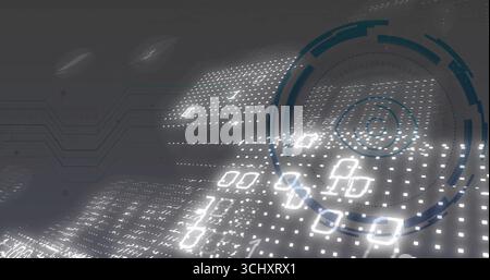 Displaying glowing dot grid, binary code in matrix, HUD ring with segmented arcs and circuit traces Stock Photo
