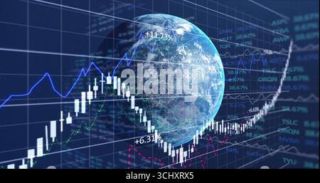 Floating 3D Earth globe rotating on dark blue grid, with candlestick bars and trend lines Stock Photo