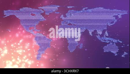 Displaying digital world map streaming binary data lines in purple-pink gradient, with light nodes Stock Photo