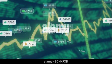 Displaying yellow line chart fluctuating on digital dashboard, with overlaid social media icons Stock Photo